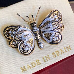 Vintage Damascene Butterfly Brooch Gold Tone Pin Made in Spain on Card w/ Box